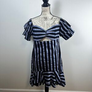 WAYF Striped Cutout Dress Womens XL Black Blue Puff Sleeve Ruffle Hem Mini New